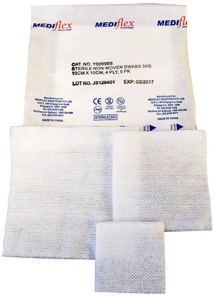 Mediflex sterile non-woven pads in various sizes for wound dressing and bandages